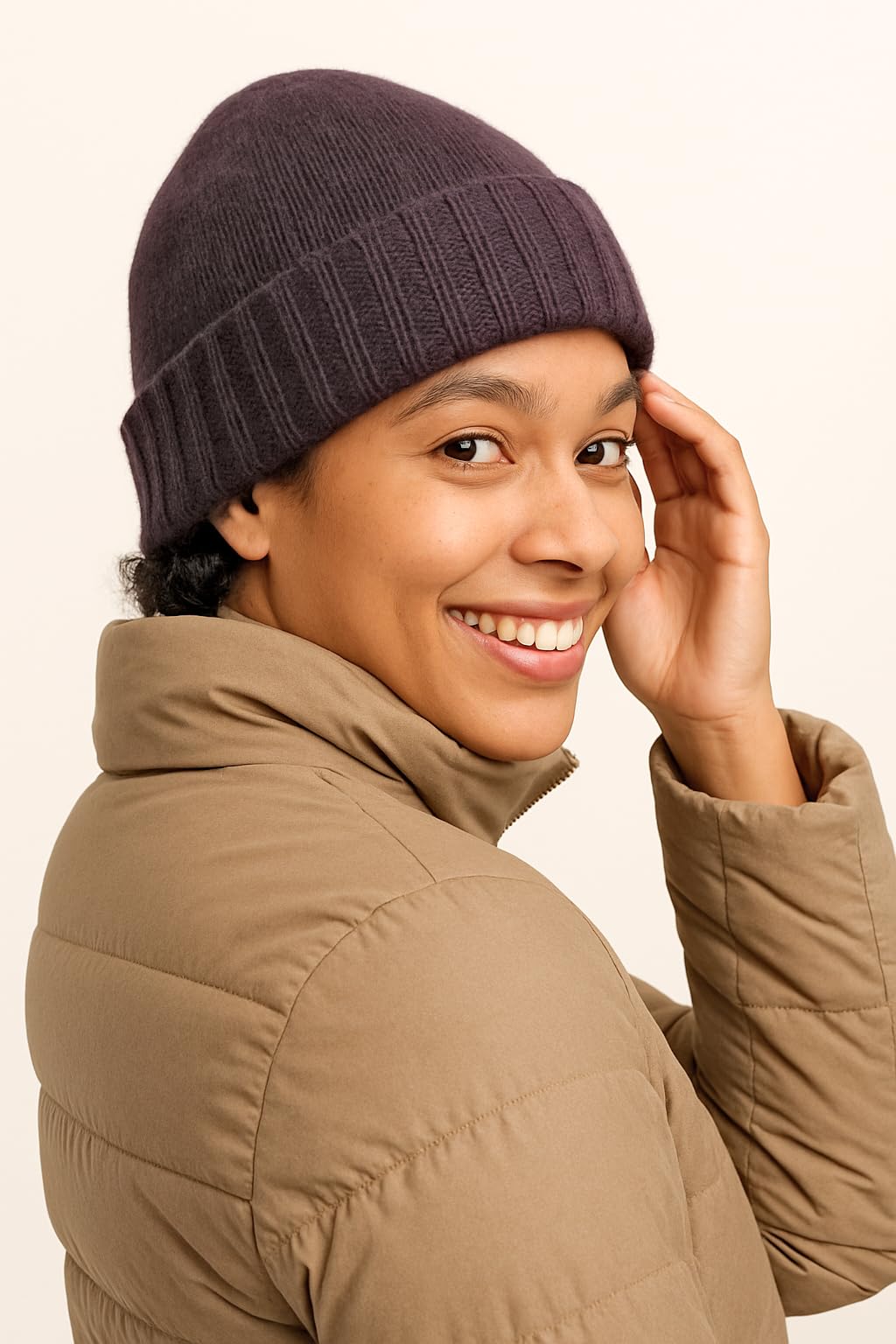 Sombrero de lana (70%) mezclado cachemira (30%) con solapas acanaladas – Unisex -100% Made in Italy – Elaboración artesanal, azul claro, Talla única