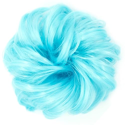 Miniatura 5 de Moño desordenado, piezas de cabello para mujeres y niñas, cabello sintético ondulado y rizado, extensiones de cola de caballo (azul claro)