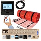 Warmcoin elektrische Fußbodenheizung Set 15 m² 160 W/m² – WLAN Thermostat W51 Schwarz mit verbessertem Sensor – Heizmatte für Laminat, Vinyl, Fliesen – Fußbodenheizung Komplettset