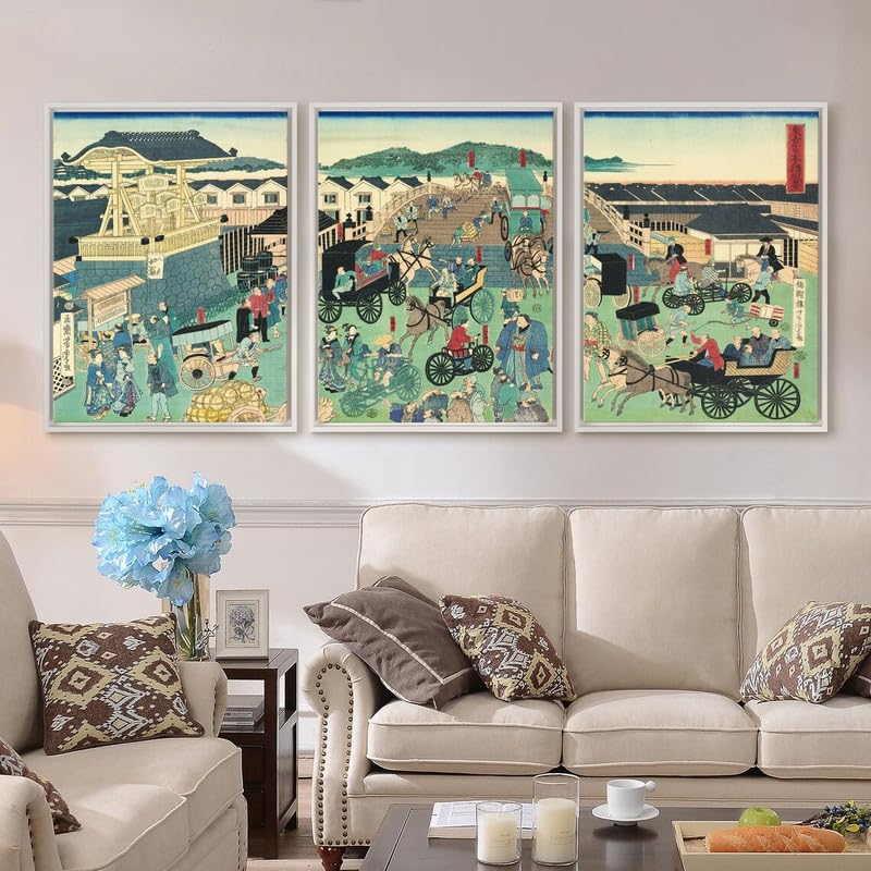 Affiche japonaise triptyque Tokyo Nihonbashi Utagawa Yoshitora décoration murale