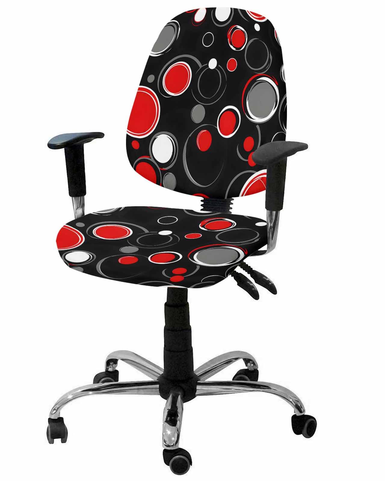 Habtucy Abstract Black Office Chair Cover 2 Piece, Modern Geometric Red Grey White Circle Stretch Elastic Computer Desk Rotating Chair Seat Back