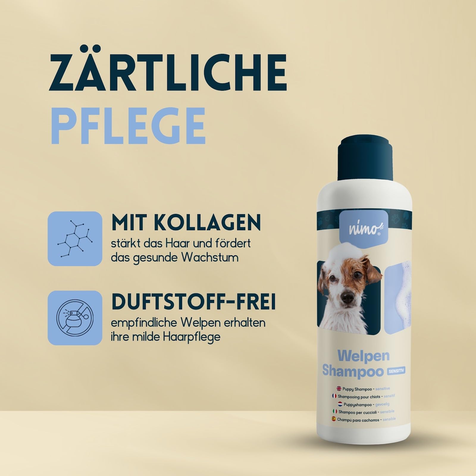 nimo® Welpen Shampoo sensitiv | ohne Duftstoffe & pH-Neutral mit Kollagen | für alle Hunderassen und Sensible, allergische Welpen | für bessere Kämmbarkeit & glänzendes Fell, 100% tierleidfrei