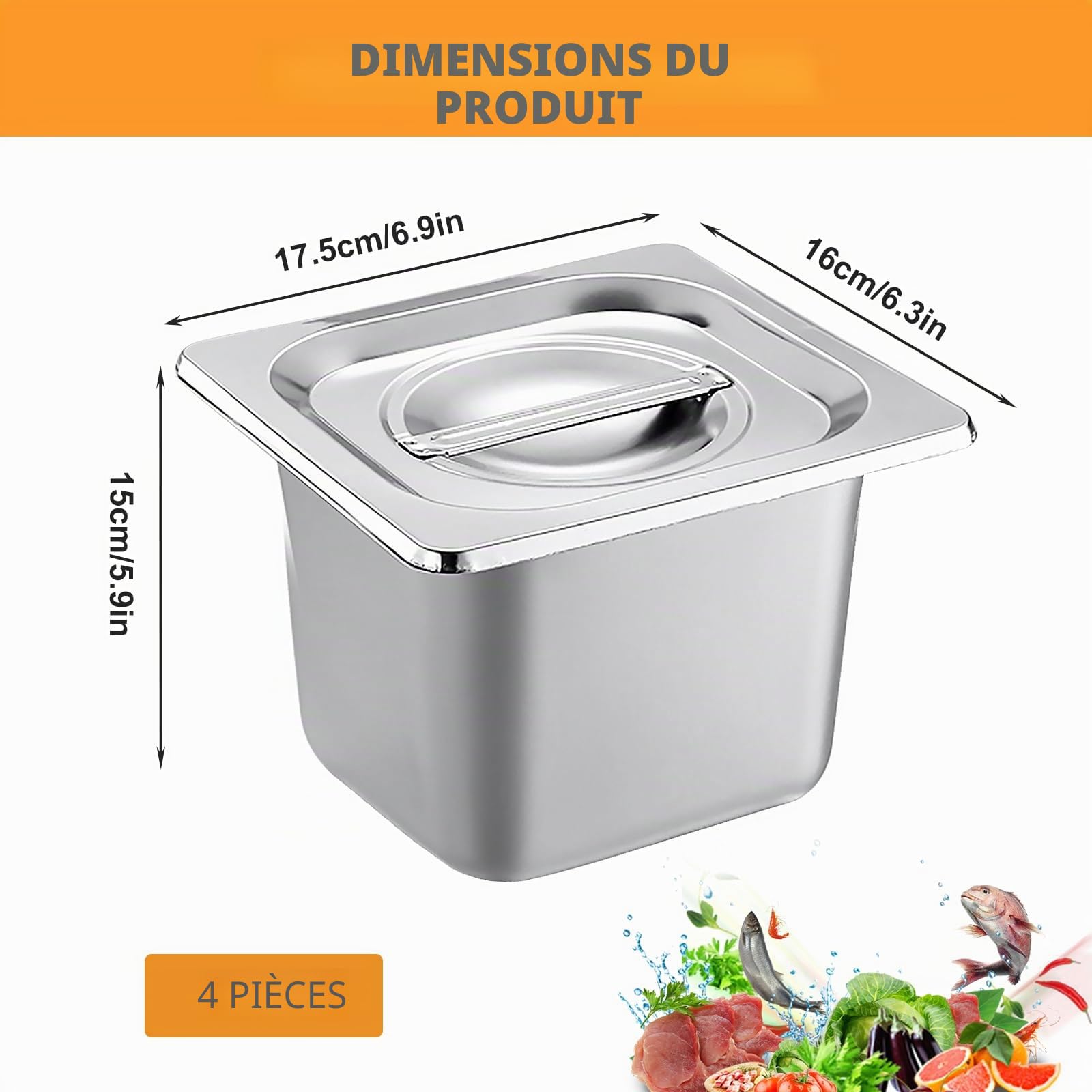 BYZESTY Lot de 4 bacs gastro inox GN 1/6 – hauteur 15 cm – bac inox alimentaire avec couvercle, bac gastro pour stockage alimentaire professionnel