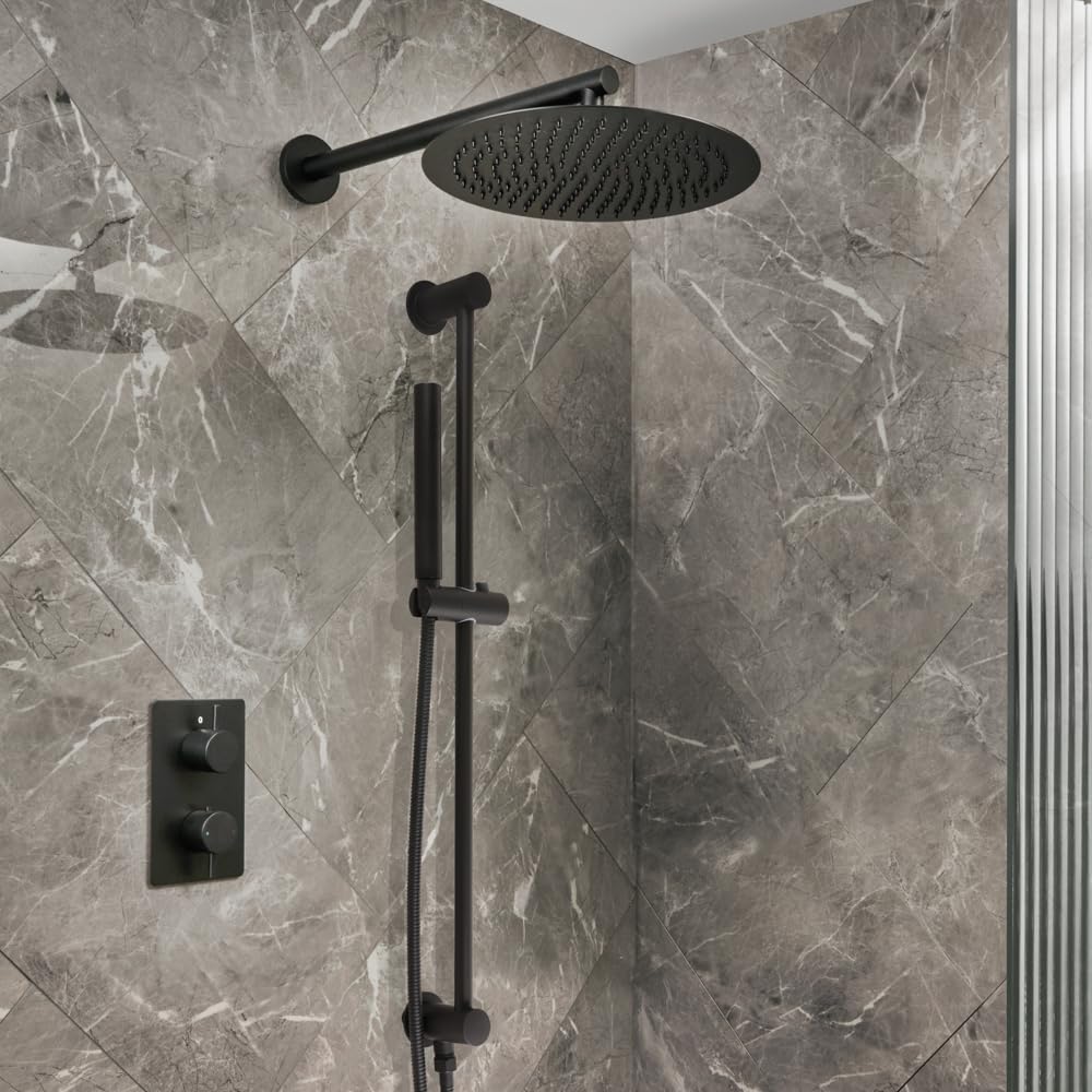 Milano Otto Thermostatic Mixer Valve 300mm Shower Head Handset Riser Rail - Black
