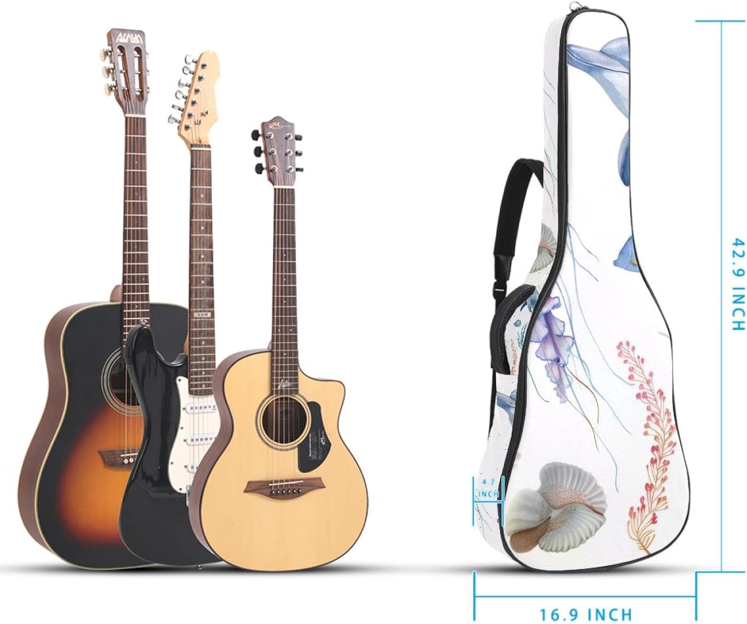 40 41 42 Inch Guitar Bags, Waterproof Padded Acoustic Guitar Case Backpack with Adjustable Shoulder Strap & Pockets, Watercolor Coral Dolphin Jellyfish Starfish Pattern