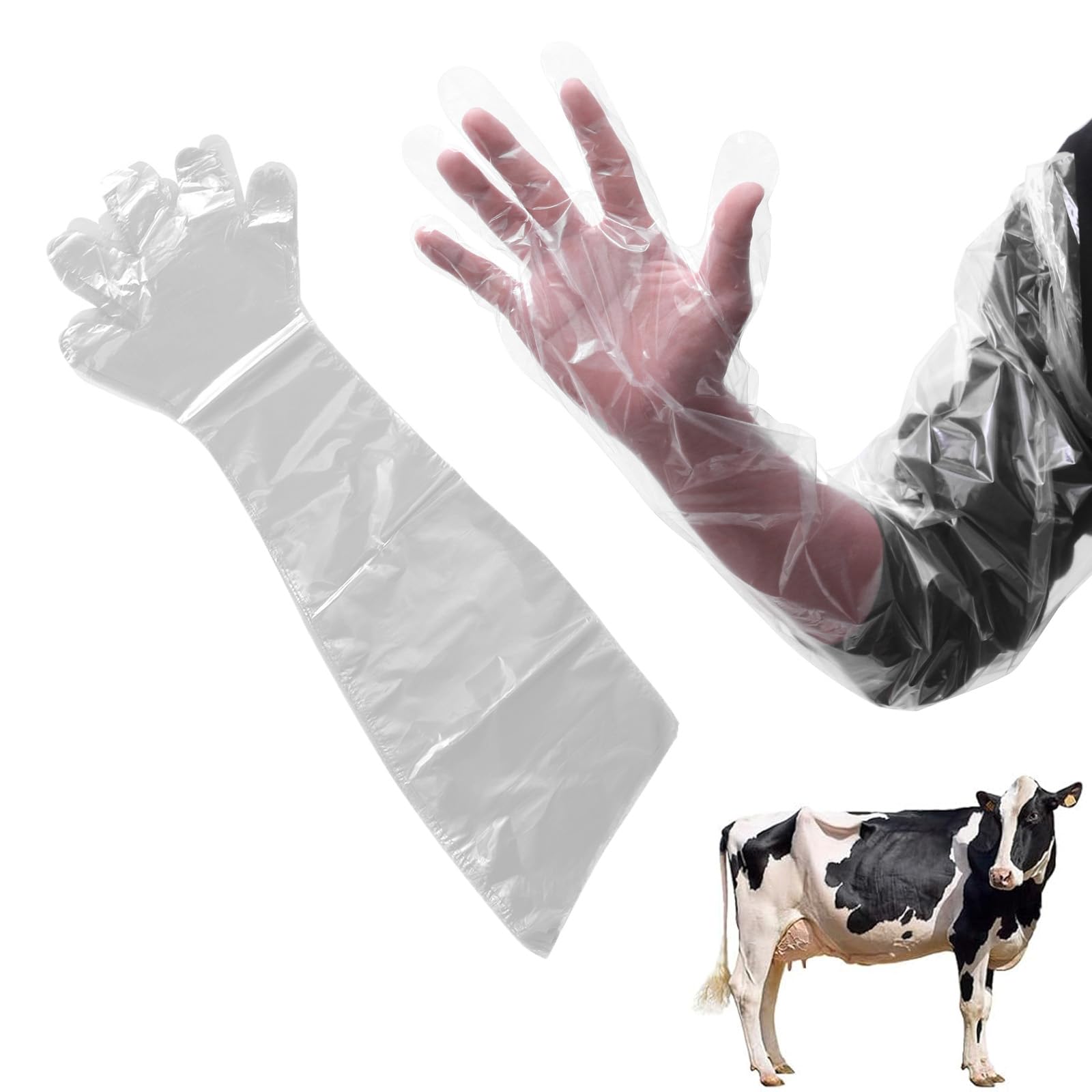 Beavorty Veterinary Gloves, 50PCS Plastic Film Long Arm Glove Full Arm Shoulder Length Cattle Sheep Insemination Glove for Farm (Clear)