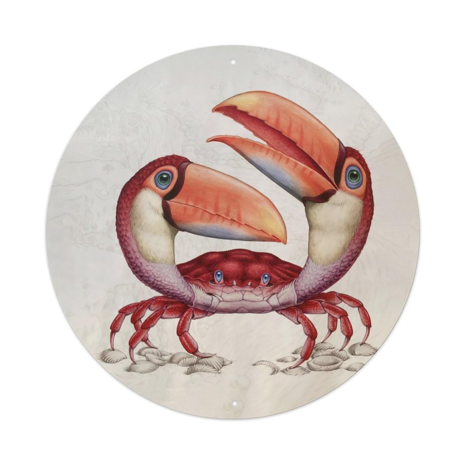 Animal Quirky Surrealism Pet Illustration Crab Toucan Beaks Metal Tin Sign Plaque Wall Decor for Cafe, Man Cave, Club Bar, Office, Home Garden Round Metal Poster 8x8Inch