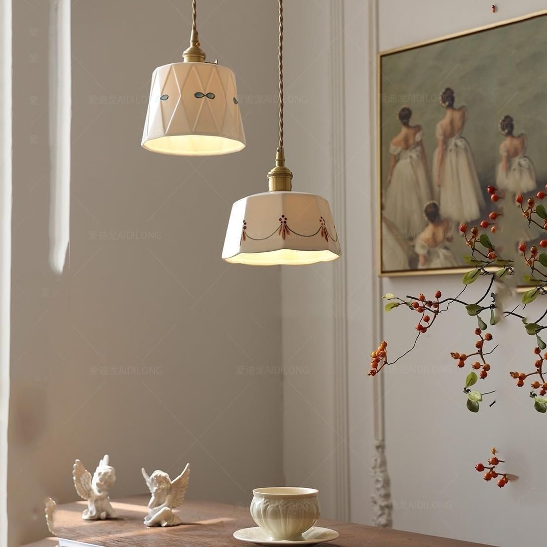 Lámpara colgante cerámica blanca con decoración artística mediados siglo, detalles modernos latón, lámpara colgante metal, lámpara decorativa for pasillo interior(18cm)
