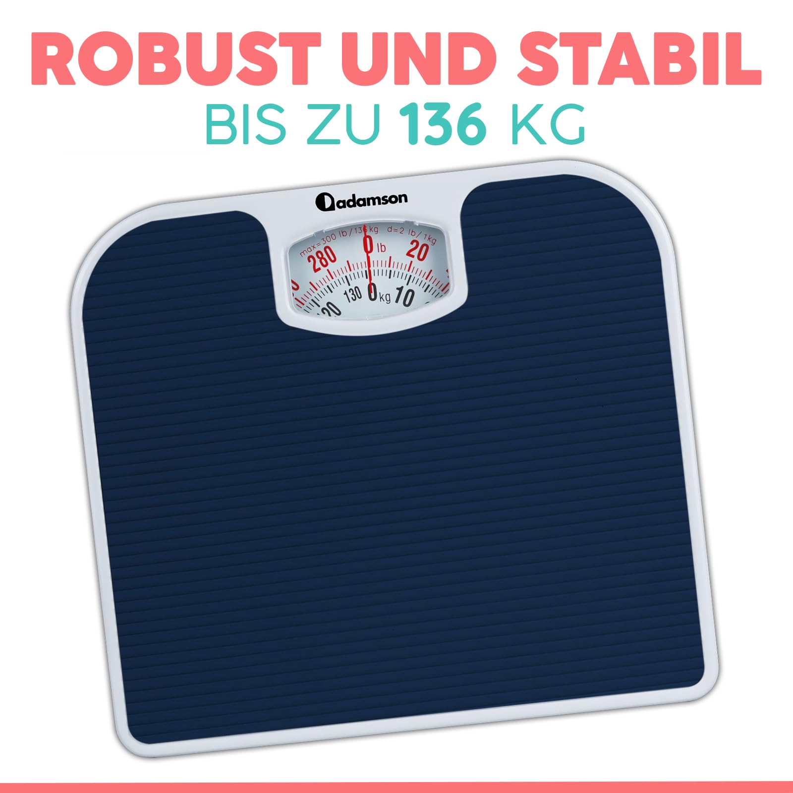 Adamson A21 Personenwaage Analog – bis zu 136 kg – Neu – Rutschfeste Gummioberfläche - Große Zahlen – Körperwaage Analog – Erschwinglich – Langlebig mit 20 Jahren Garantie - Blau