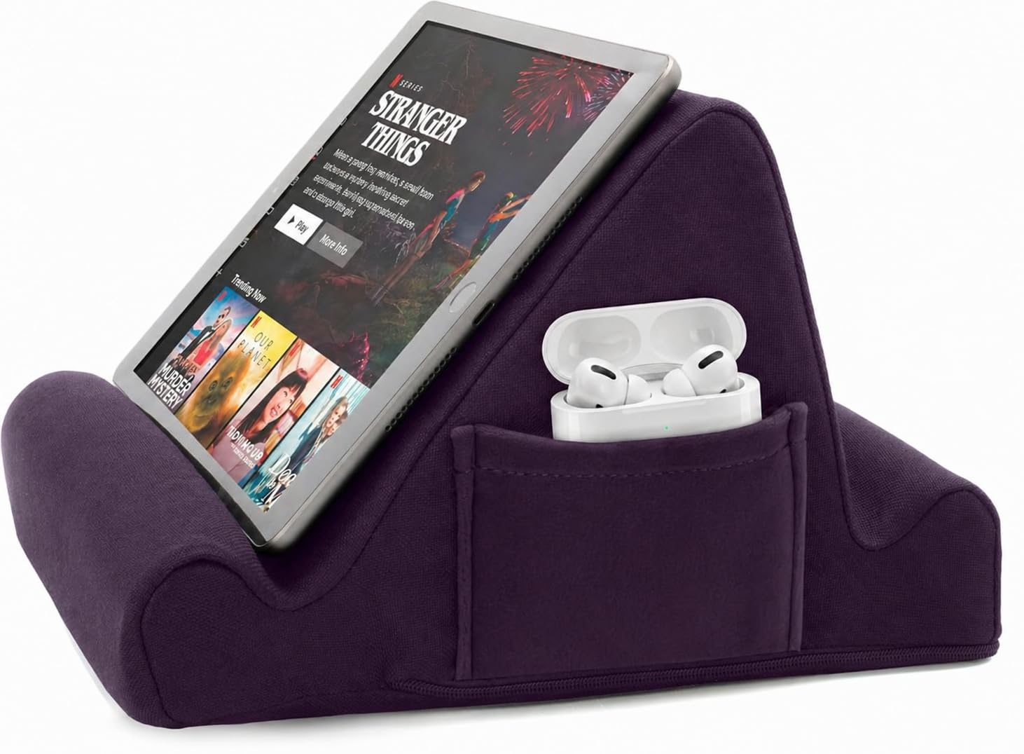 Brookstone, Supporto da scrivania in memory foam per tablet, può contenere telefoni, iPad, lettori di e-book, 2 angoli di visione, 2 tasche laterali per accessori, cuscino porta libri, perfetto per