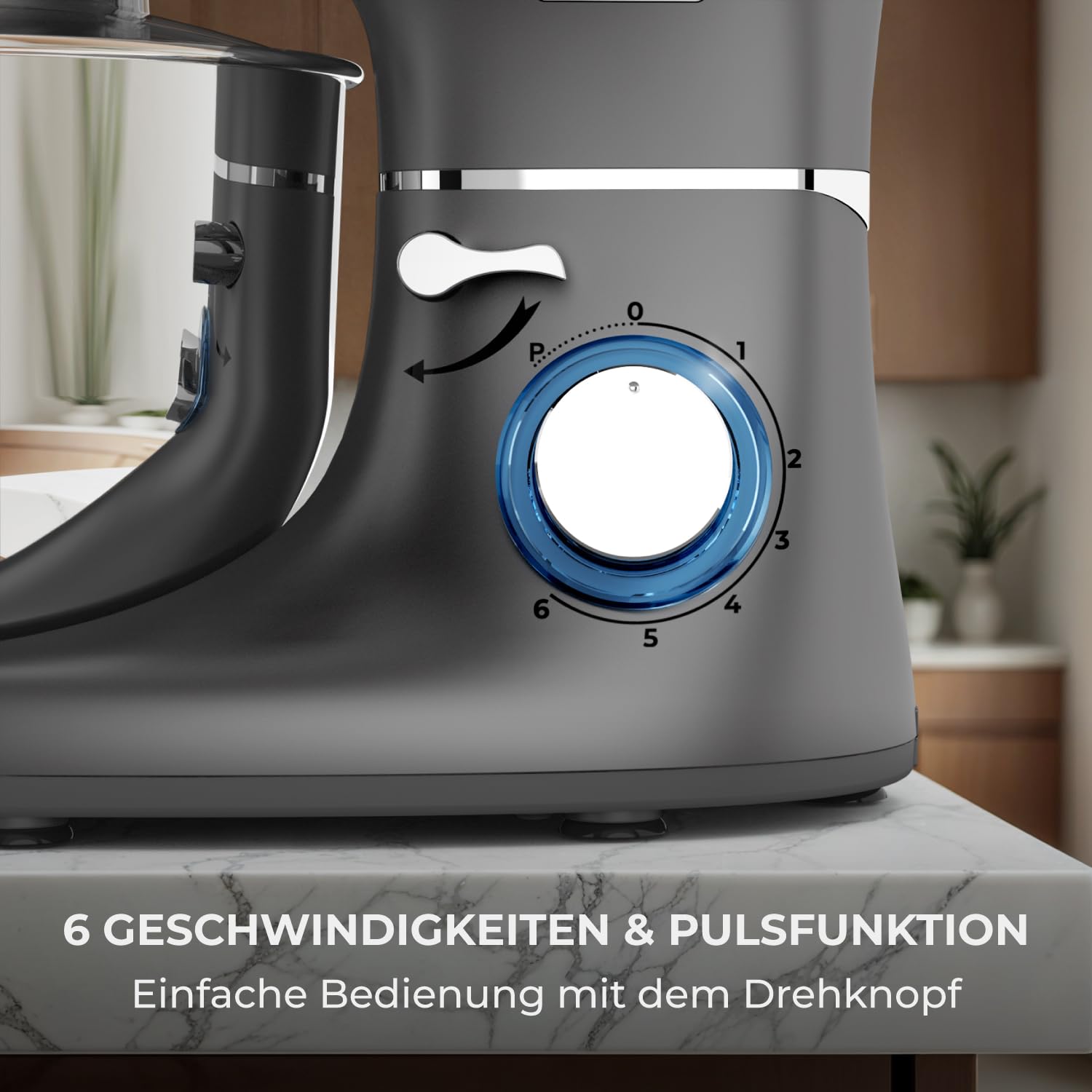 Küchenmaschine - 2000W - Edelstahl Rührschüssel (6,2 L) - Knetmaschine mit Rührhaken, Knethaken, Schlagbesen und Spritzschutz - Inkl. zusätzlichem Zubehör - Anthrazit
