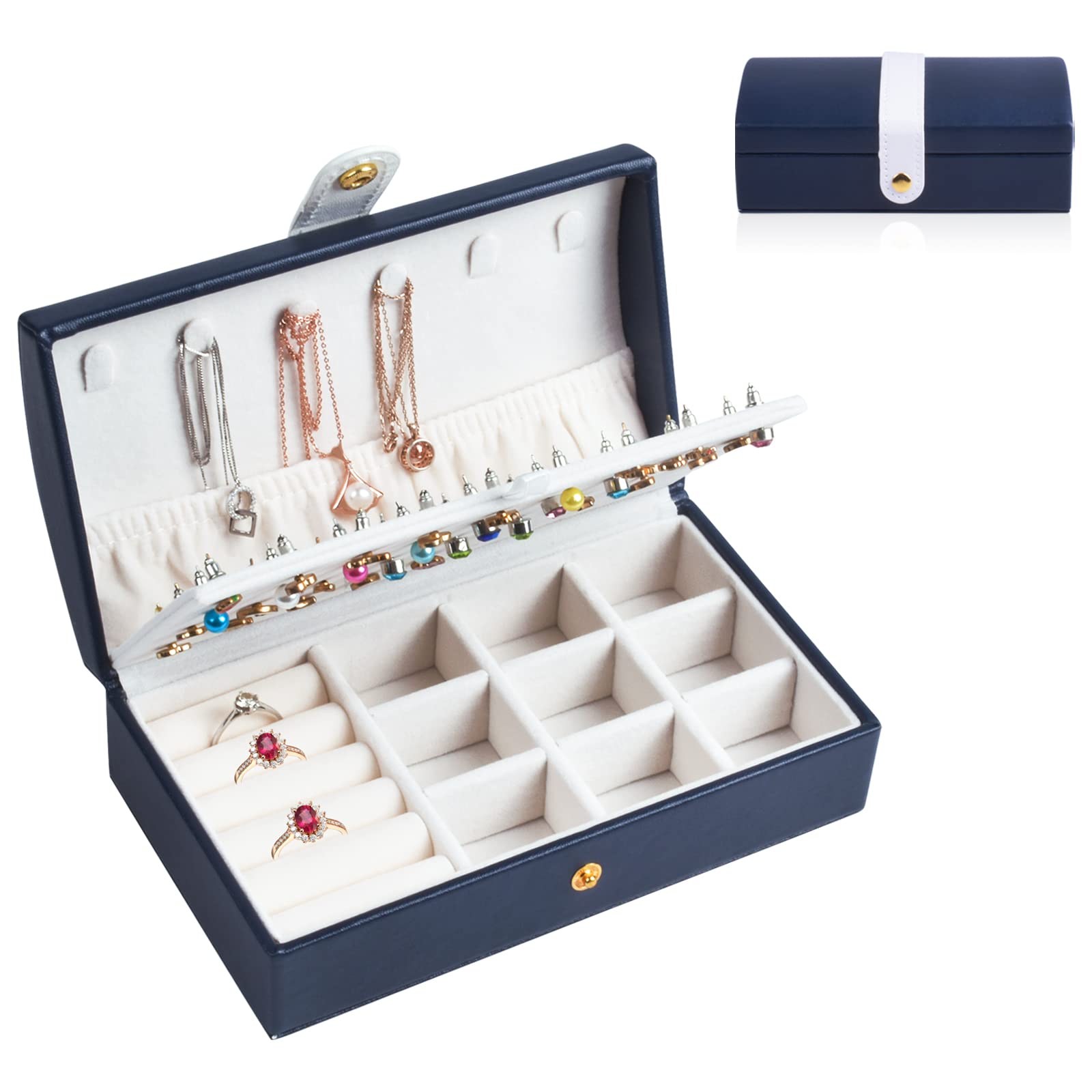 Jewellery Box, Jewellery Box for Women, 2 Levels, Portable Jewellery Box and Display Stands, Jewellery Organizer Storage for Rings Earrings Necklaces Bracelets (Blue)