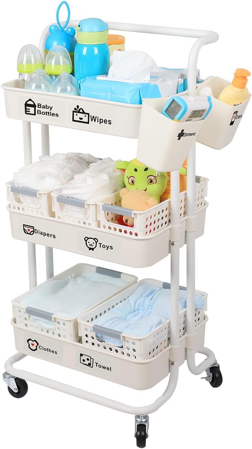 Baby Nappy Caddy Organiser Cart Movable, 3-Tier Sturdy Newborn Diaper Nursery Essentials Storage Basket for Changing Table 、Crib &Toys, Baby Shower Gifts for Mum, Easy to Assemble
