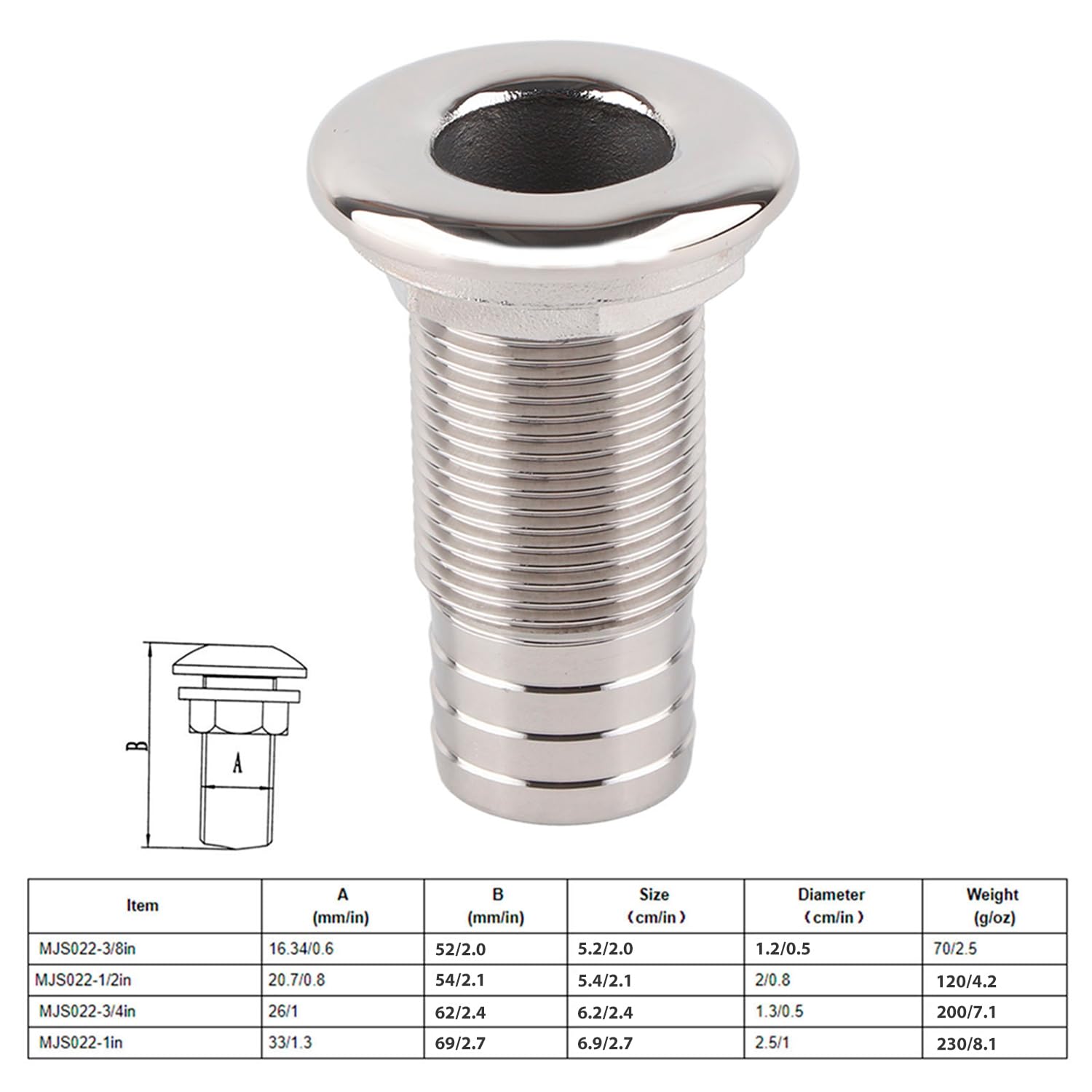 Tissting Borddoorlaat, schroefverbinding met moer, 85 mm lang, 1-1/2 inch, 316 roestvrij staal, ontluchtingsaansluiting, universele boorddoorbraak, afvoeraansluiting voor boten, jachten, marine
