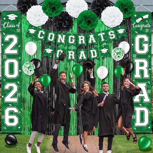 Image of Graduation Party Decorations Class of 2026, Graduation Decorations with Congrats Grad Banner Fringe Foil Curtain Paper Flower Ball Balloons for High School College Graduation Party Supplies, Green