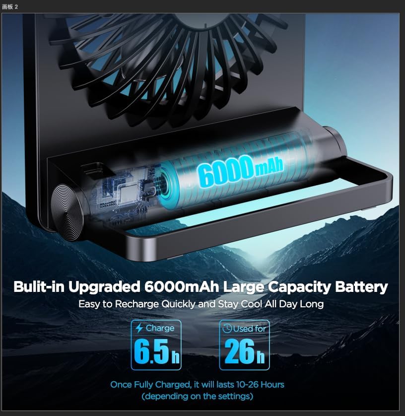Miniatura 2 de EasyAcc Potente ventilador de escritorio, batería 6000 tiempo máximo de trabajo de 10 a 26 horas, ventilador de viaje personal portátil recargable