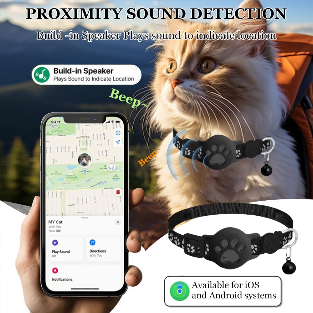 Localizzatore per Gatti, Tracker Collare per gatti, Design impermeabile e regolabile con strisce riflettenti, compatibile con dispositivi Apple e Android (nero)