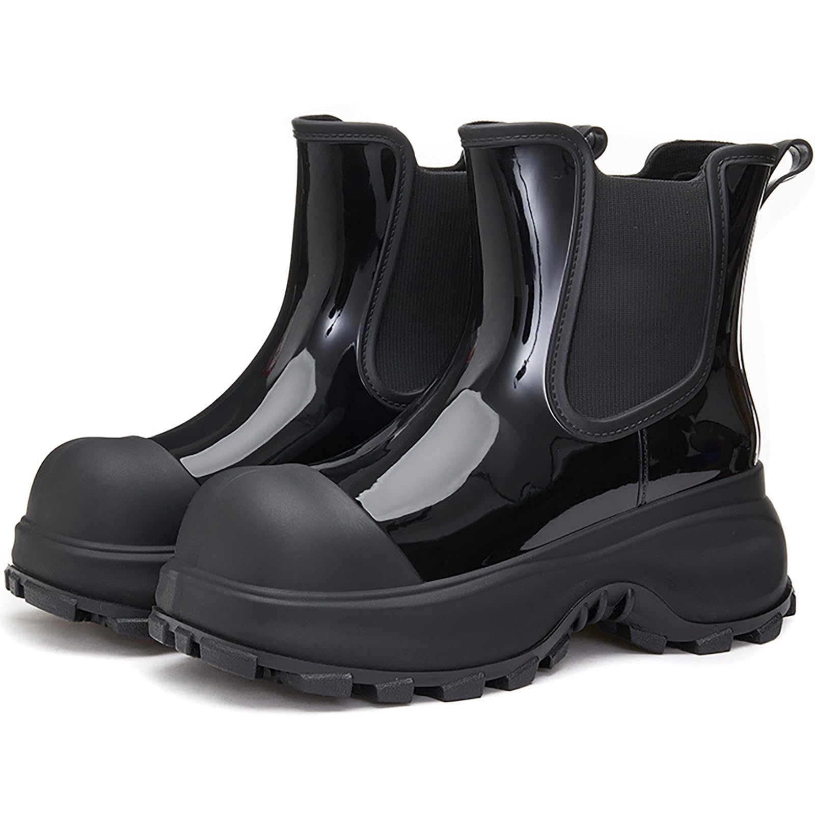 Womens Waterproof Chunky Platform Chelsea Rain Boots Fashion Big Toe Comfort Slip-On Block Heel Outdoor Garden Work Ankle