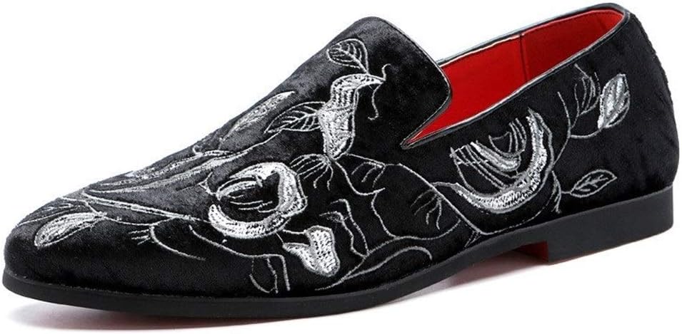 Liyuzhu Smoking Loafer For Men Embroidery Flat Penny Shoes Slip On Suede Pointed Toe Elastic Casual Lightweight Stitching Anti Sli P Shoes (Color : Black, Size : 8.5 UK)
