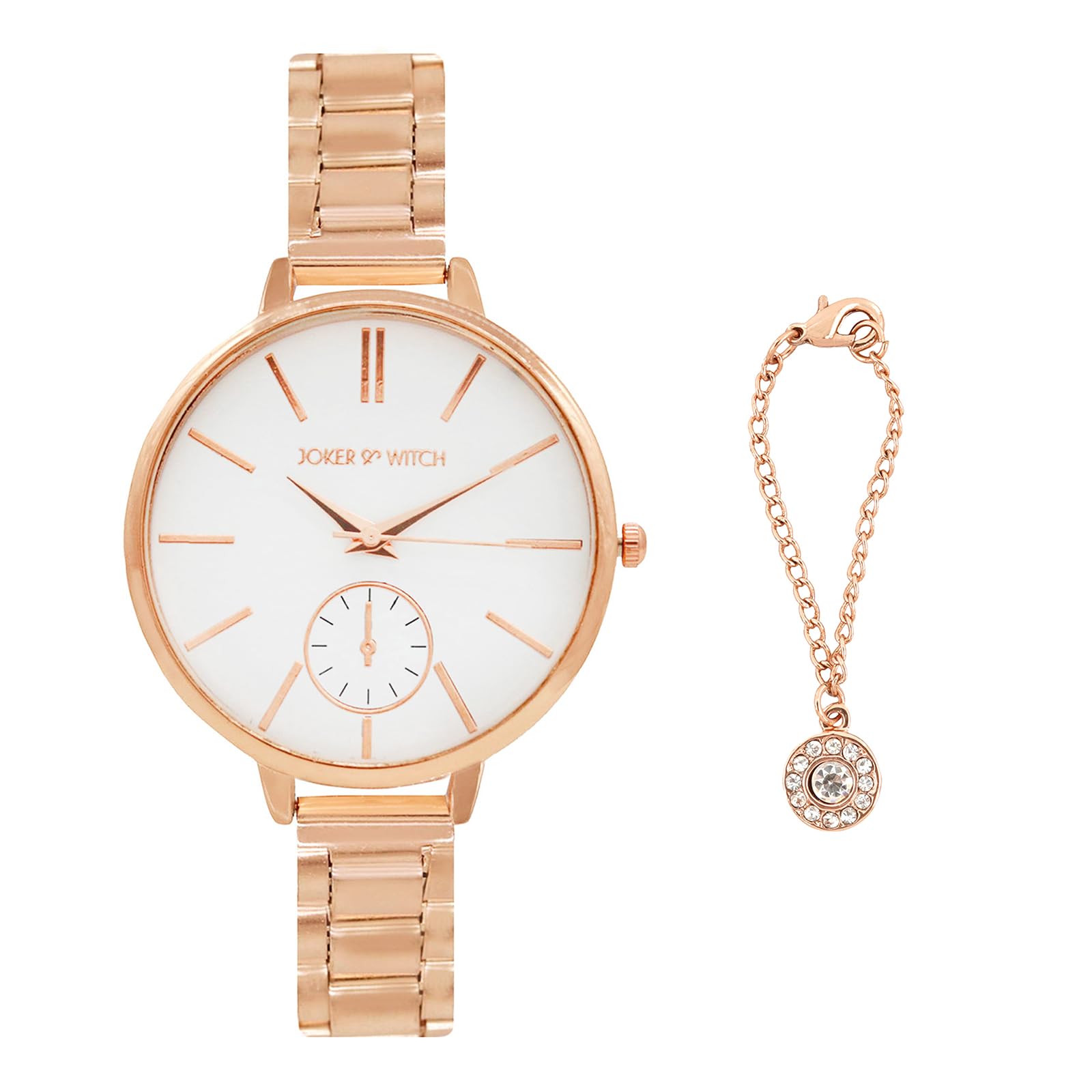 Joker & Witch Stainless Steel Women Sleek Rhinestones Analog Watch & Charm Set, White Dial, Rose Gold Band (B0C9PVNQCR) Amazon Price History, Amazon Price Tracker