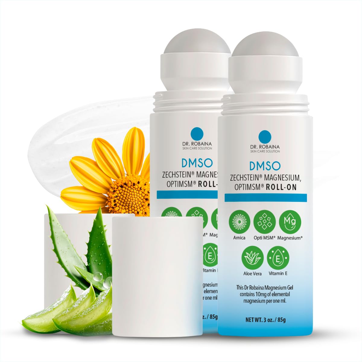 Dr. Robaina DMSO Roll-On – 99.9% Pure Dimethyl Sulfoxide | Formula with Zechstein Magnesium, Arnica, Aloe Vera & Vitamin E Non-Greasy Topical Formula