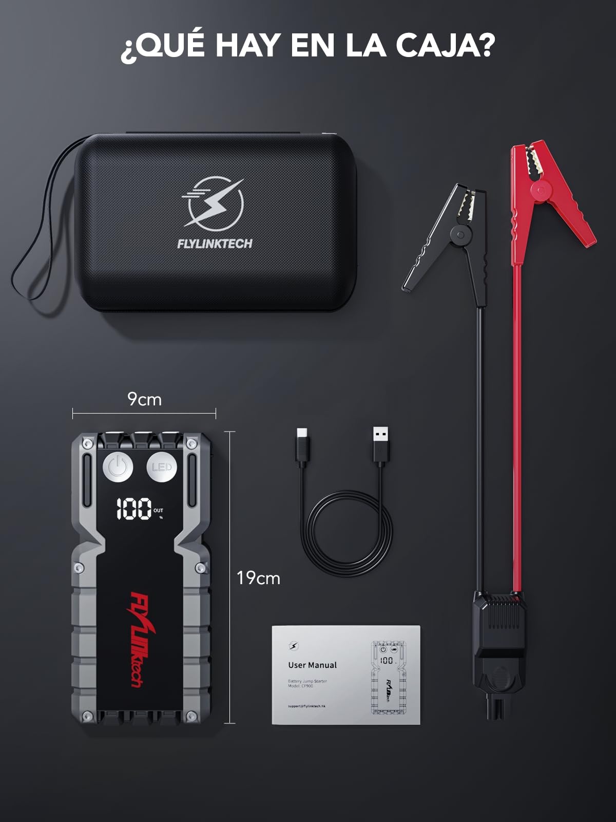 Arrancador de Coches, FLYLINKTECH 6000A 12V Arrancador de Baterias de Coche, para 9.0L Gas o 8.0L Diesel con Pantalla LCD, Linterna LED