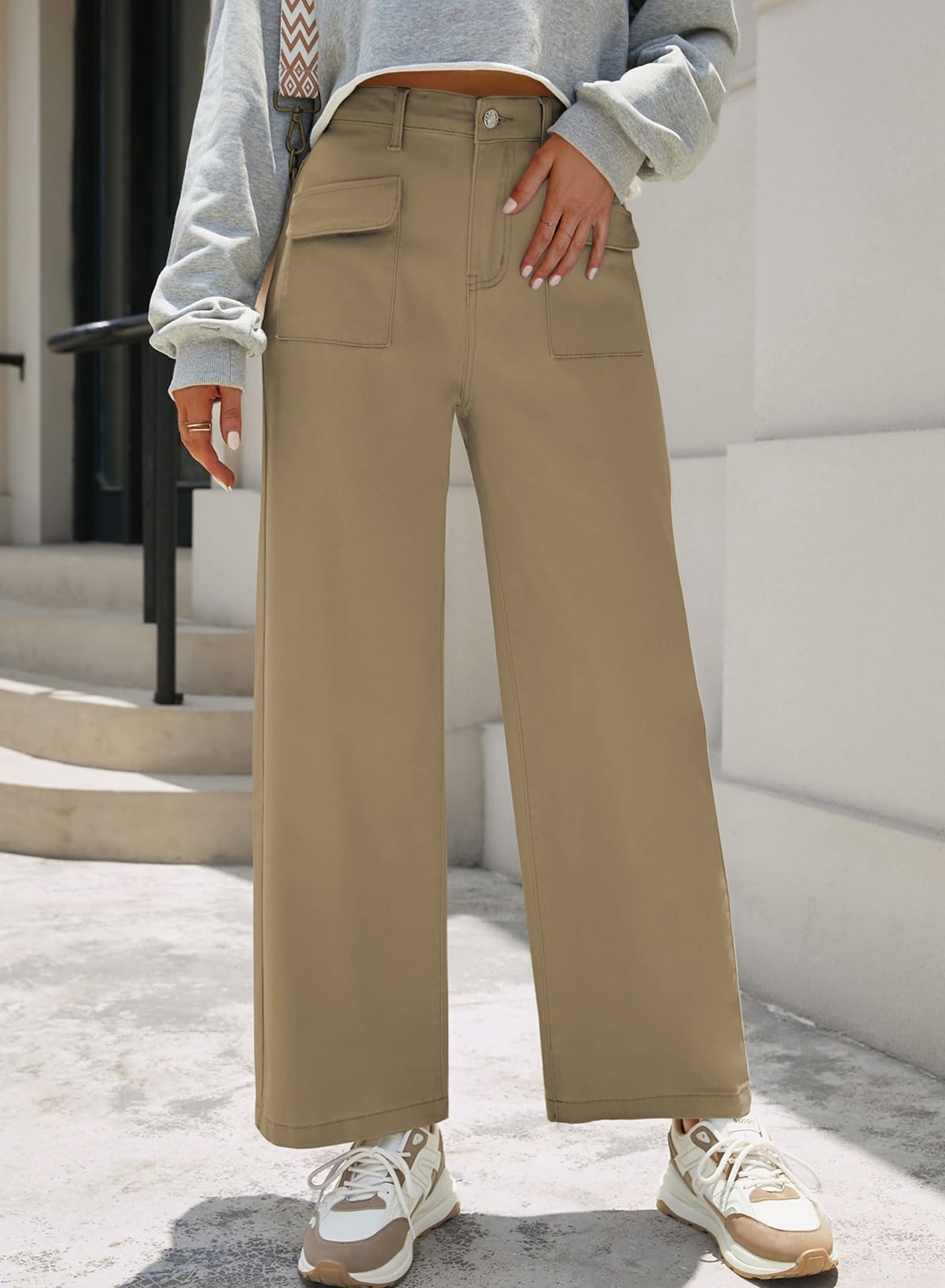 Dokotoo Women's Pants High Waisted Cargo Pants Womens Baggy Jeans for Women Straight Wide Leg 2025 Spring Outfits Fashion Clothes Casual Trendy Pocket Teen Girls Trousers Stretch Denim Brown