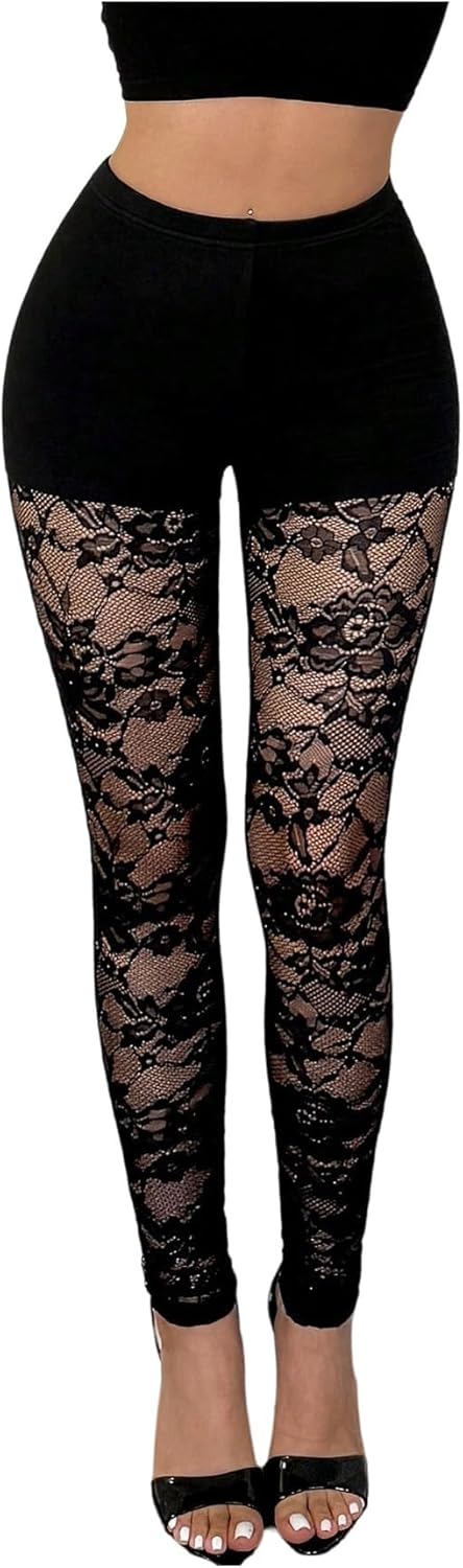 Milumia Women's Sexy Floral Lace Leggings Pants High Waisted See Through Long Pants Clubwear