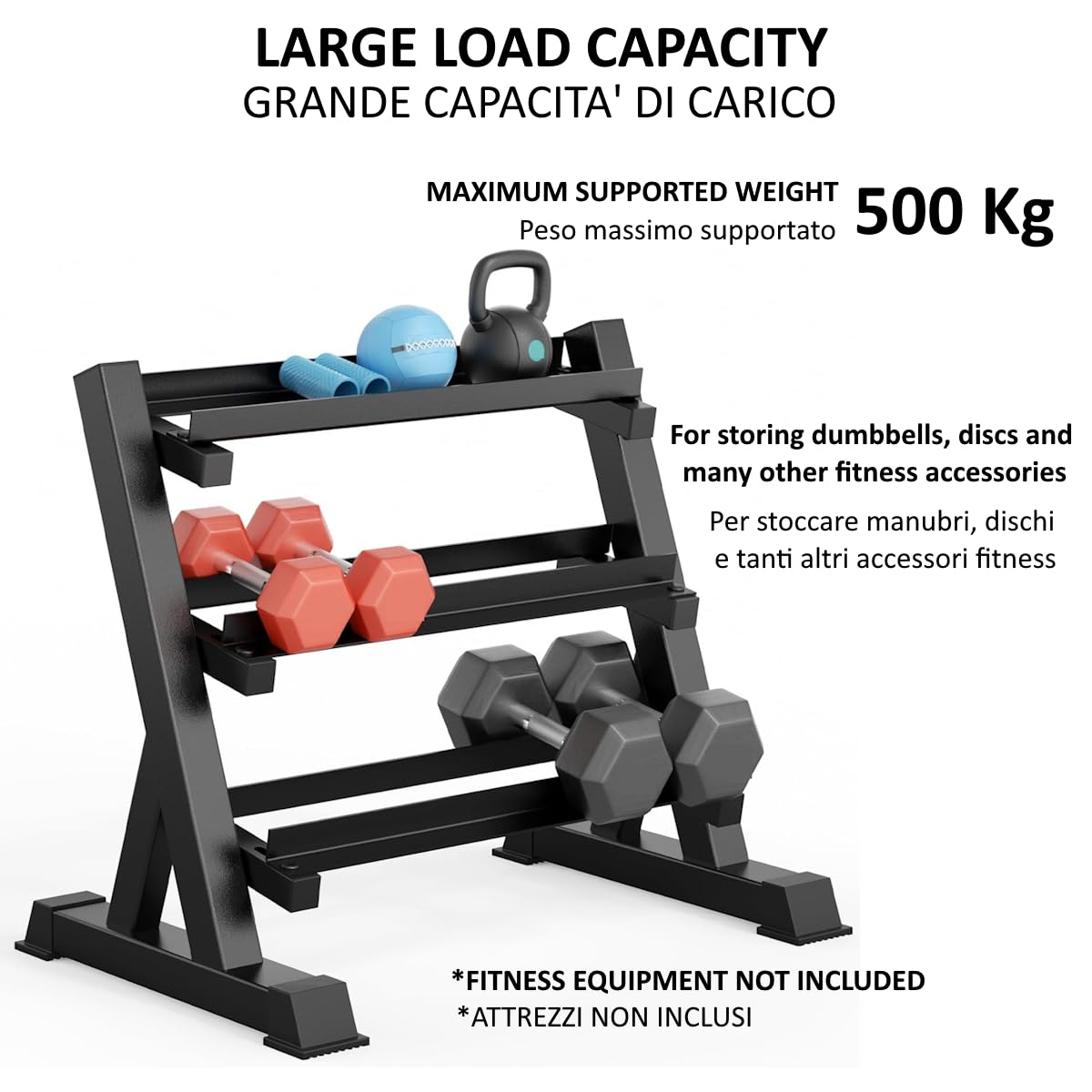 FFitness Rastrelliera per Manubri 3 Livelli Supporto Porta Pesi Bilanciere Kettlebell Rack Carico Max 500 Kg Espositore in Acciaio Multifunzione