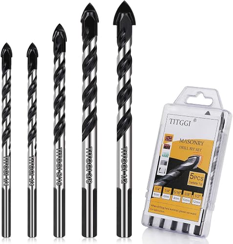 5-Piece Masonry Drill Bit Set & Concrete Drill Bit Set, 5 Sizes, 1/4"-1/2" | Carbide Drill Bits for Tile, Ceramic, Glass, Cement & Brick, Bath & Kitchen, Dual U-Groove, 3-Flat Shank, Standard Drill Fit