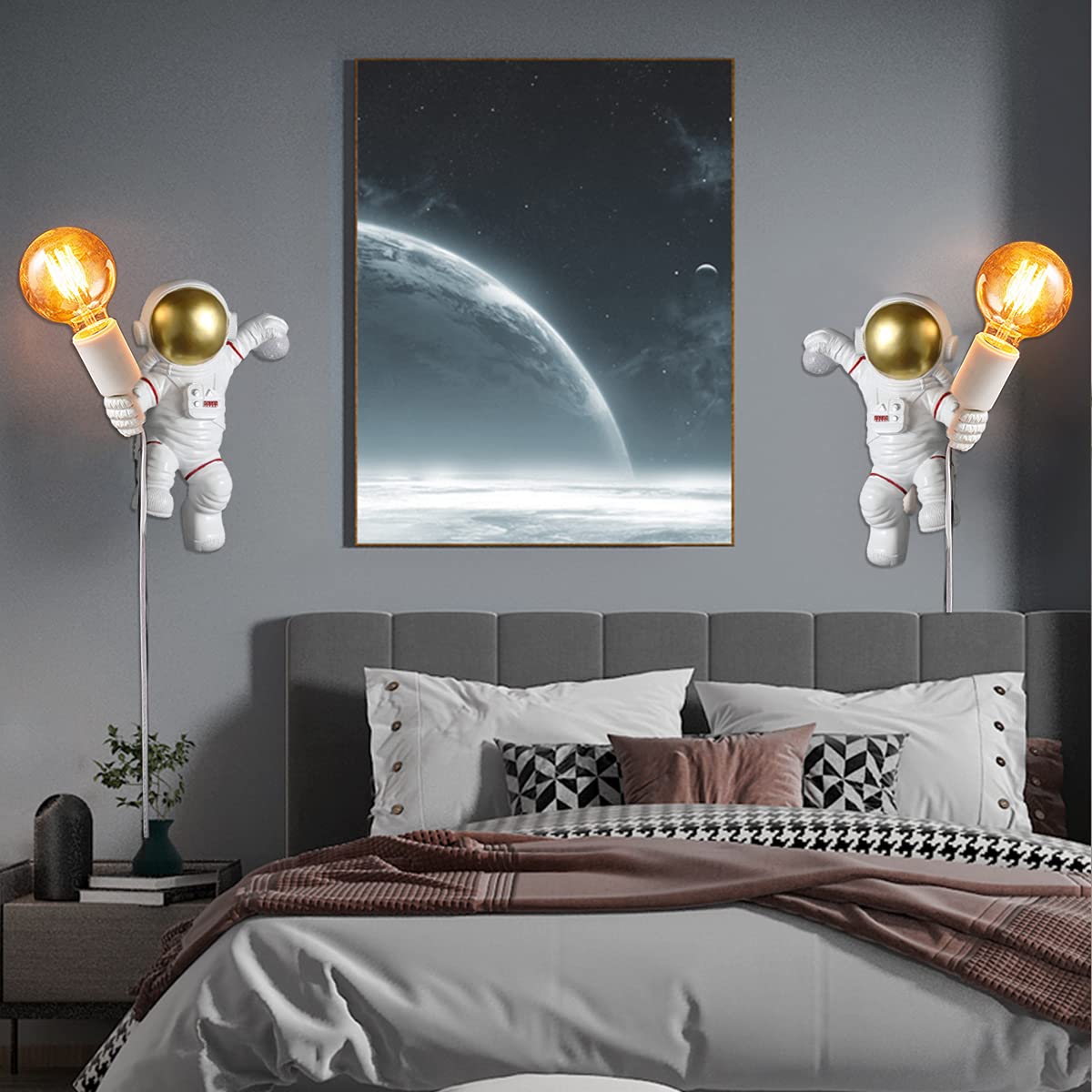 ACMHNC Astronaut Kinder Wandleuchte Mit Stecker Und Schalter, E27 Kinderlampe Weiß Wandlampe Innen Für Jungen Mädchen Kinderzimmer Dekorative Nachtlicht Süße Kinderwandlampe Mit 1,5M Kabel