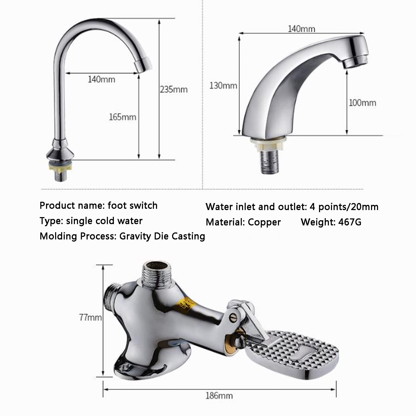 Grifo Con Pedal Manos Libres, Con Válvula De Pie, Salida, Manguera Flexible De 60 Cm (2 Piezas), For Hospitales Domiciliarios, Familias, Fábricas, Escuelas(B)