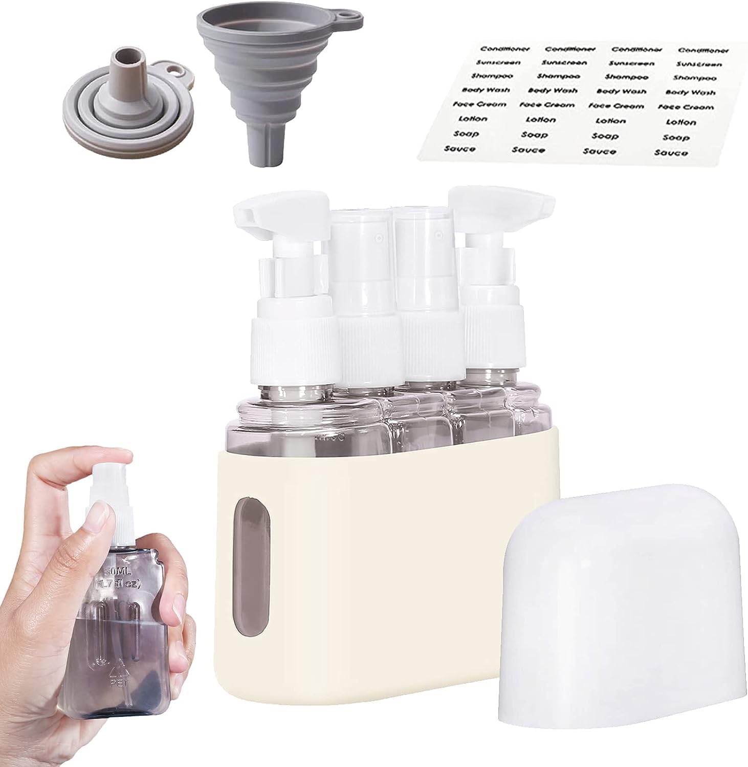 House of Quirk Polypropylene 4 In 1 Leak Proof Travel Bottles,Tsa Approved Leak-Proof Toiletry Products,Labelled Liquid Used In Shower Gel,Shampoo,Facial,Clenaser (Beige), 50 Milliliters