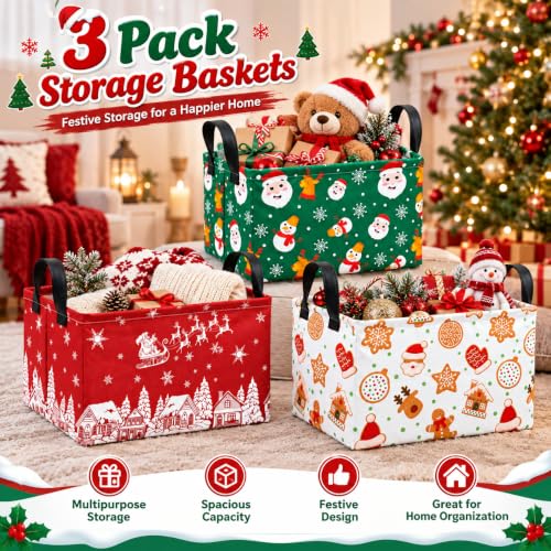Image of Christmas Storage Baskets 3 Pack with Handles, Kids Laundry Hamper Storage Organizer Bin for Nursery Room,Rectangular Bins for Clothes, Toys and Holiday Gifts