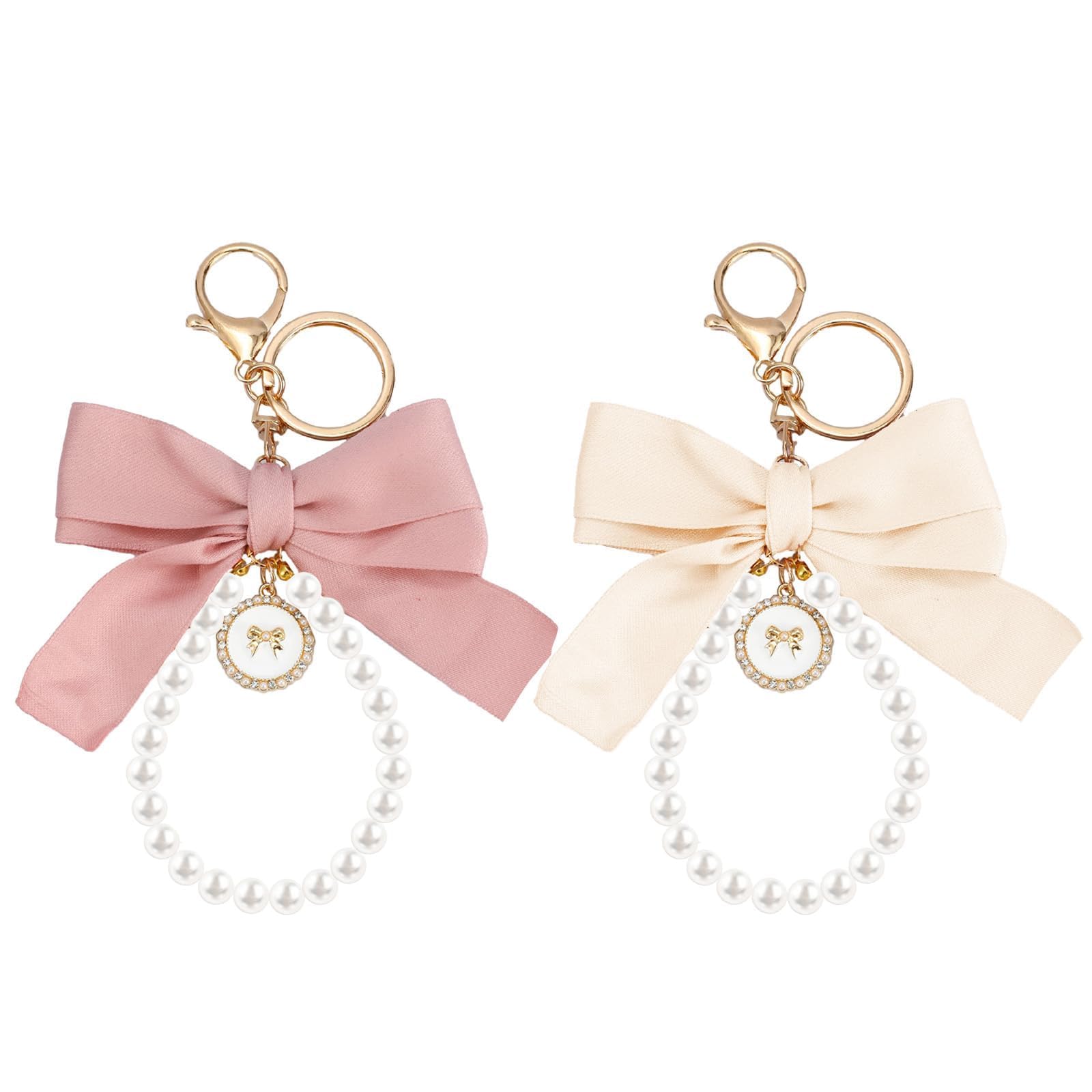 SMUOBT 2Pcs Cute Bow Keychain Wristlet for Women, Pearl Key Chains for Car Keys White Bowknot Keychain Accessories