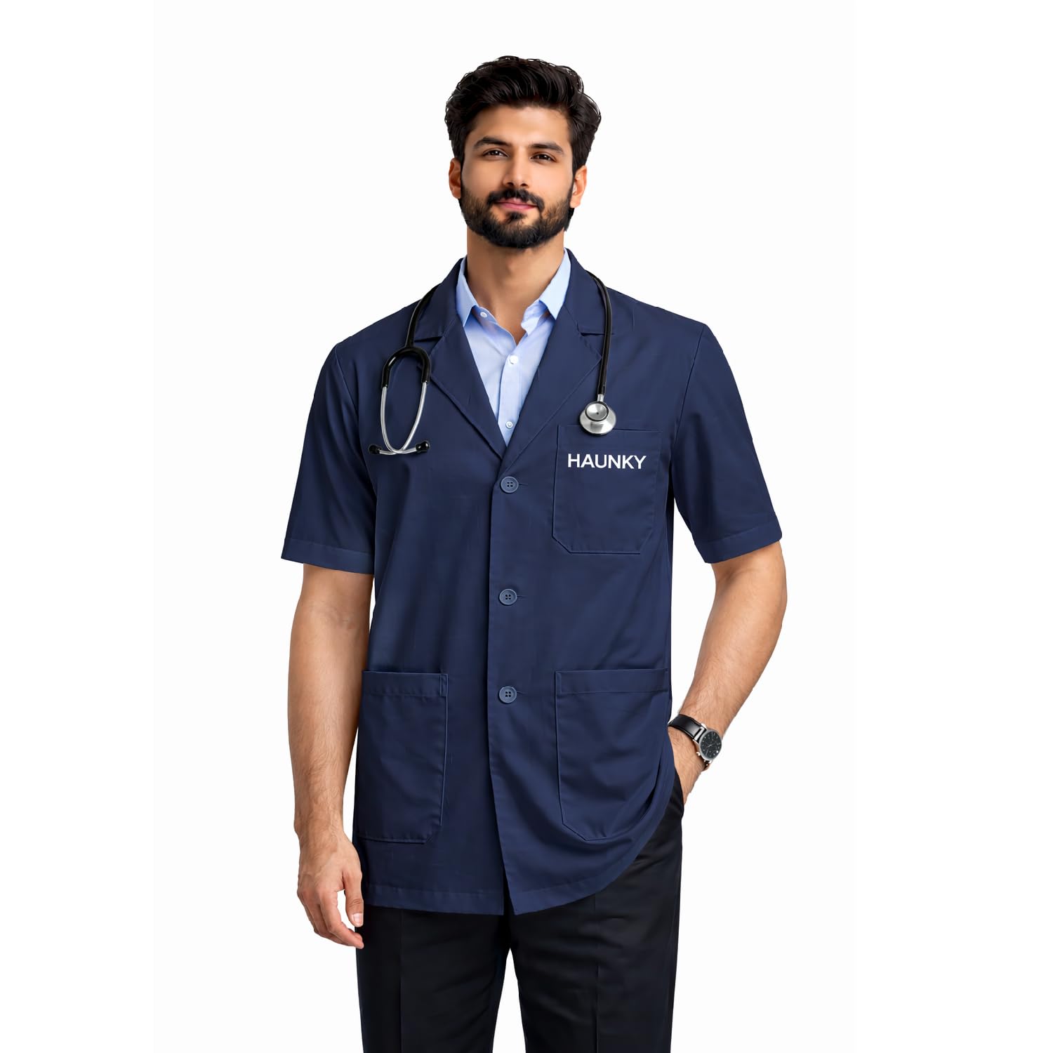 haunky Presents Men and Women Poly-Cotton Navy Lab Coat, Half Sleeves Navy Doctor Coat, Polycotton, with Three Buttons and Three Pockets(Pack Of 1).-picture-51