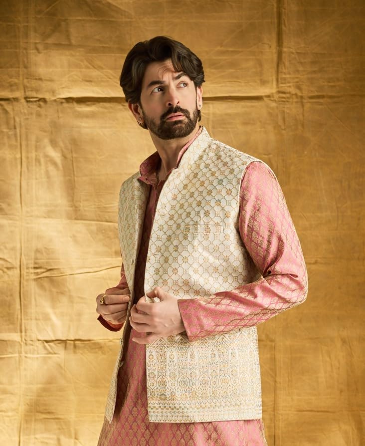 Image of Sojanya (Since 1958 Men'S Jacquard Silk, Nehru Jacket With Traditional Work On Bottom