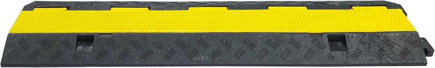 Electriduct 2 Channel Cable Protector Traffic Wire and Hose Ramp Cord Cover 1.12 Inch Channels Heavy Duty 25,000 lbs per Axle - Rubber Black Base/Yellow Lid