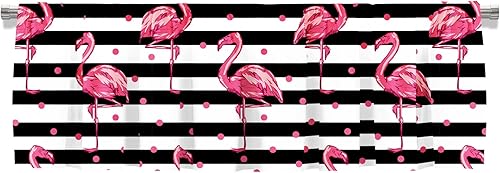 Miniatura 2 de Cenefa de cortina corta con bolsillo para cortinero con diseño de flamenco rosa sobre rayas blancas y negras para decoración de cocina, dormitorio,