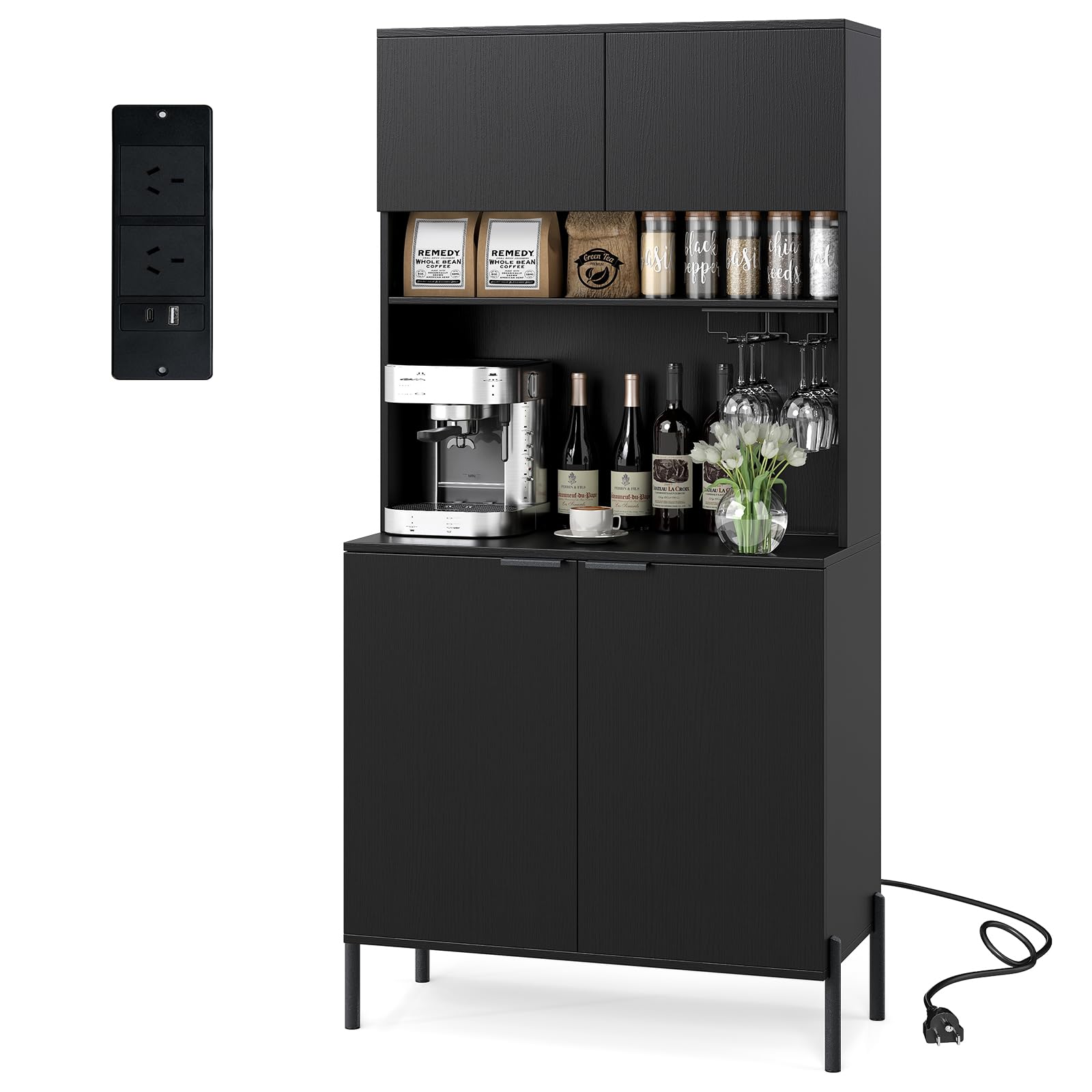 Giantex 64.5" Kitchen Pantry Cabinet with Charging Station, Tall Buffet Hutch with Storage Cabinets, Adjustable Shelf, Wine Racks, Modern Sideboard