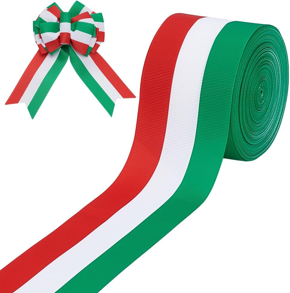 PH PandaHall 20 Yards Red White Green Stripes Ribbon Grosgrain Striped Tibbon, 2.5inch Polyester Double Face Ribbons for Party Decoration Parades DIY Projects Christmas Tree Decor