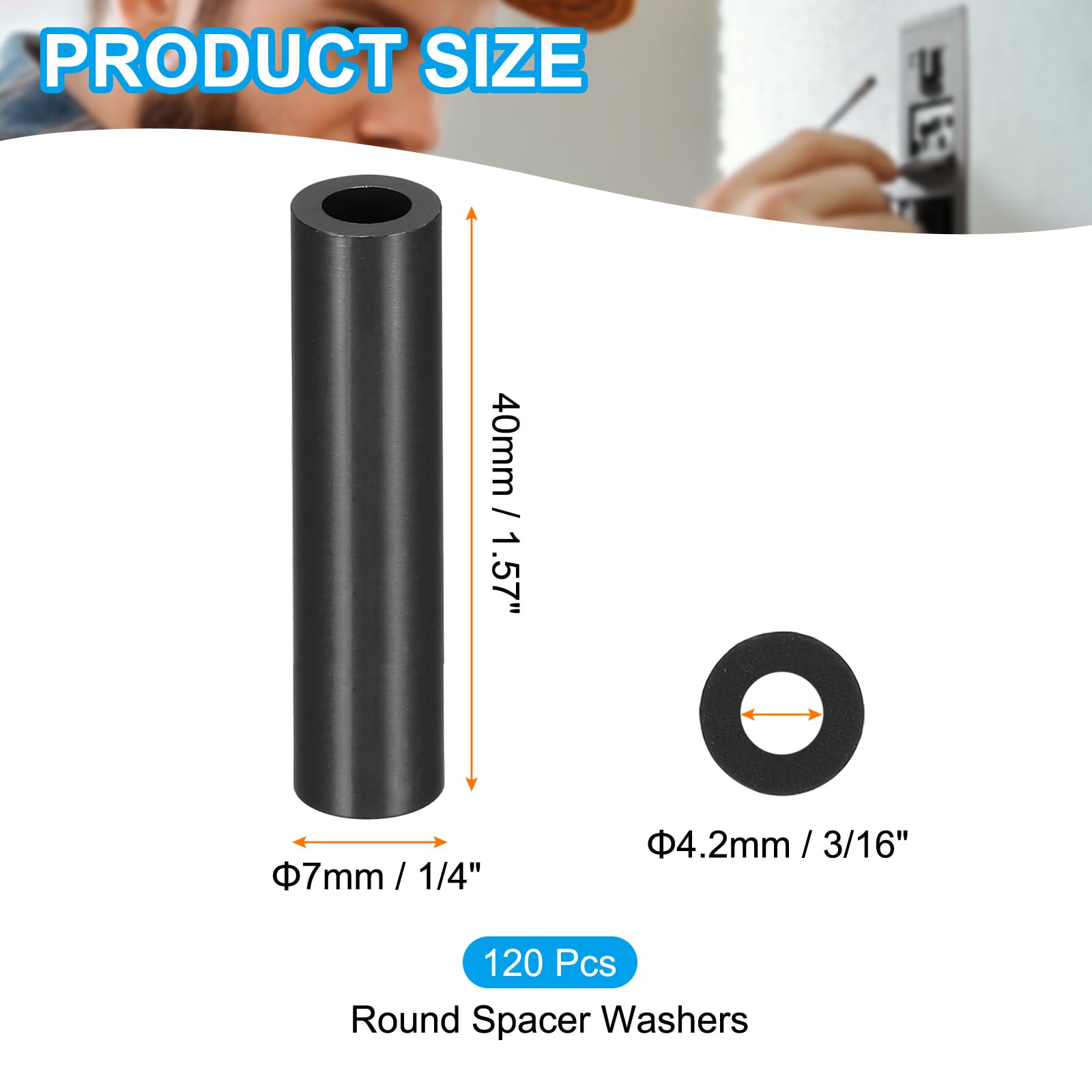 PATIKIL 120Pcs M4 ABS Spacers M4 x 7mm OD x 40mm L Plastic Round Spacer Washers Black Standoff Nut Unthreaded for Screws Bolts Electrical Outlet - Image 2