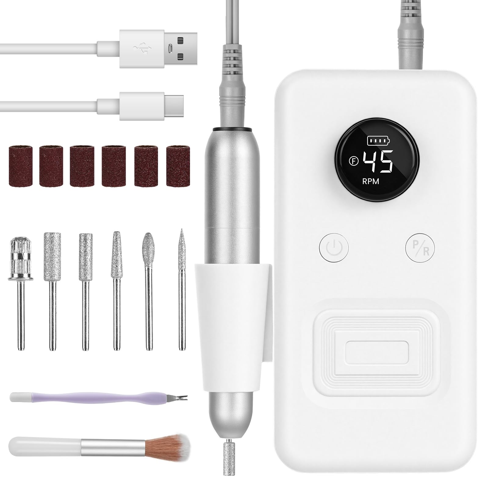 Torno para Uñas Profesional 30000 RPM, Torno para Uñas Portátil Recargable, Tor-no Uñ-as Taladro Eléctrico con 6 Brocas, Velocidad Ajustable, para Gel o Acrilicas para Hogar y Salón （Blanco）