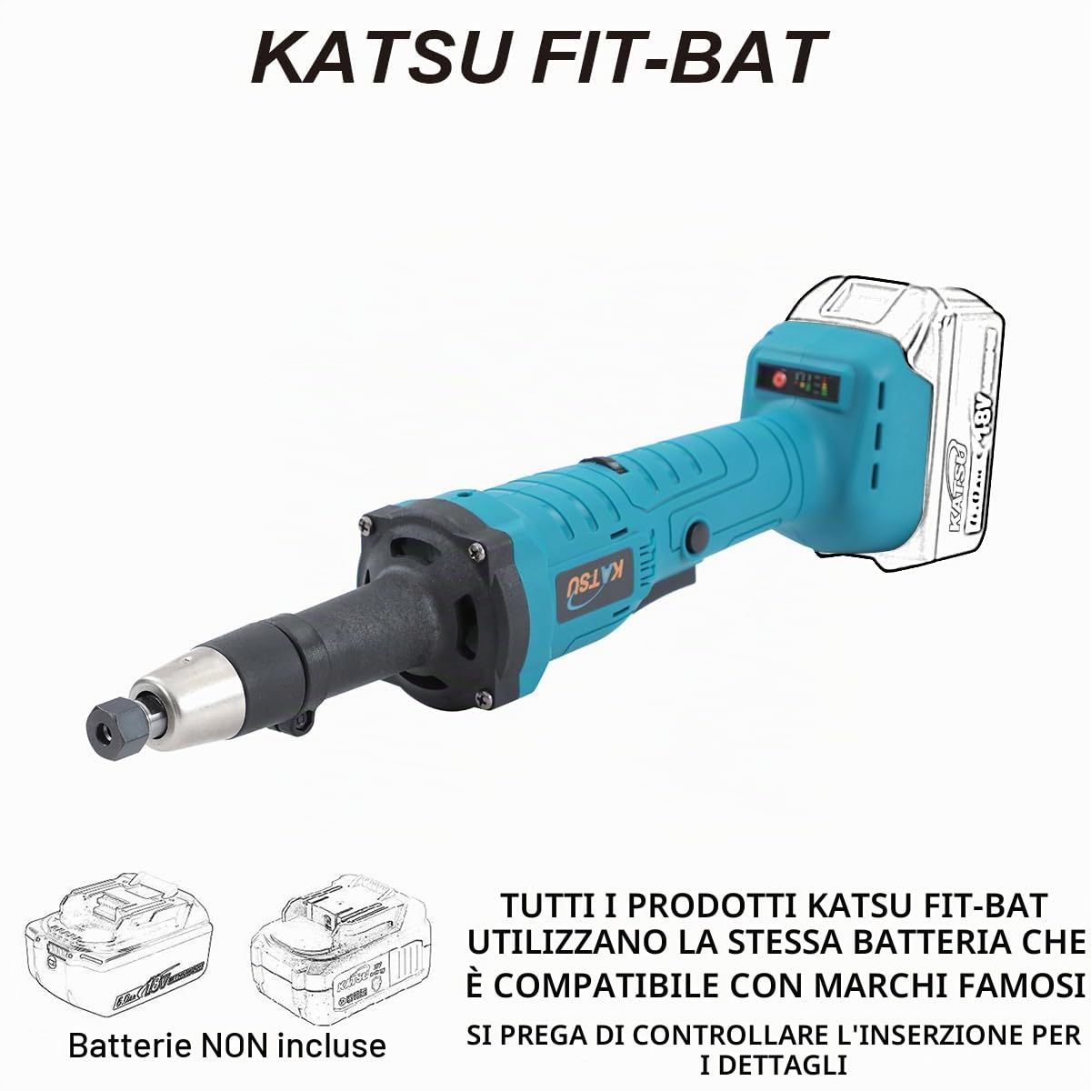 KATSU FIT-BAT 18V Brushless Smerigliatrice Assiale Smerigliatrice Dritta a Batteria con Mandrino a Pinza da 6 mm e 6 Velocità Variabili, senza Batteria 102309