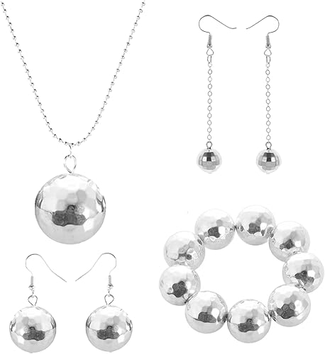Sgoeths Juego de joyas de bola de discoteca para mujeres y hombres, aretes de bola de discoteca de los años 70, collares de fiesta de discoteca,