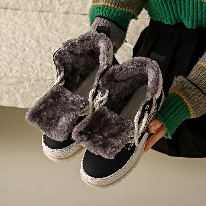 Winter Combat Boots with Fur Lining, Black and Tan, Lace-Up Style, Plush Interior, Casual Outdoor Snow Boots