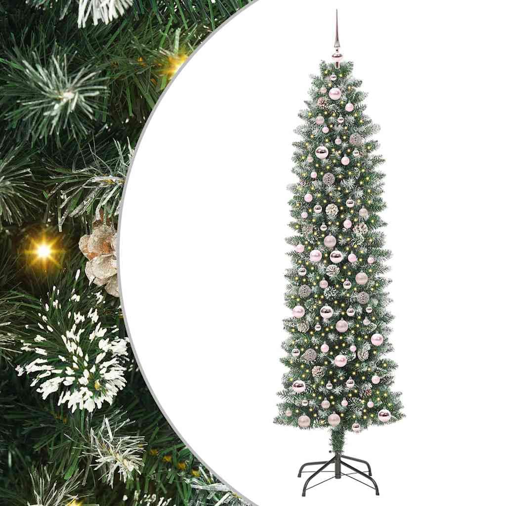 Árbol de Navidad artificial estrecho de 210 cm, verde y blanco, con 450 puntas de PVC, 300 ledes blancos cálidos y 8 modos, ideal para interiores, decoración festiva