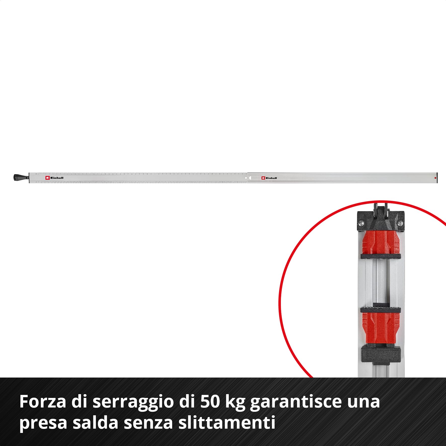 Einhell Guida universale per sega, 2 pezzi (capacità max. 2500 mm, forza 50 kg, profilo in alluminio, superfici antiscivolo, serraggio rapido, per seghetti alternativi e seghe circolari manuali)
