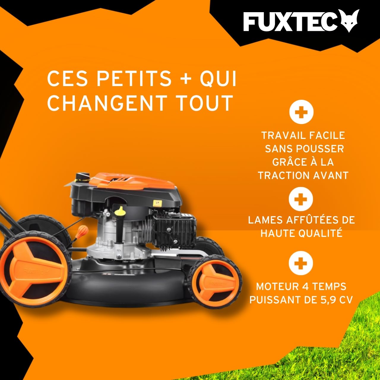 Fuxtec Tondeuse à Gazon Thermique Mulching Autotractée 196cm3 FX-RM51SA96 Largeur De Coupe 51cm Redonne du Tonus à Votre Pelouse Paillis Agissant comme Engrais Naturel