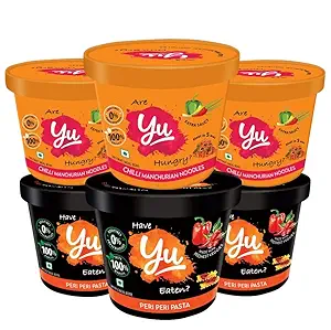 Cup Noodles & Pasta - Spicy Combo - 3 Chilli Manchurian Noodles + 3 Peri Peri Pasta - No Preservatives - Pack of 6 - Instant Food - 100% Natural & Veg - Ready To Eat Instant Noodles - 1275g - Yu